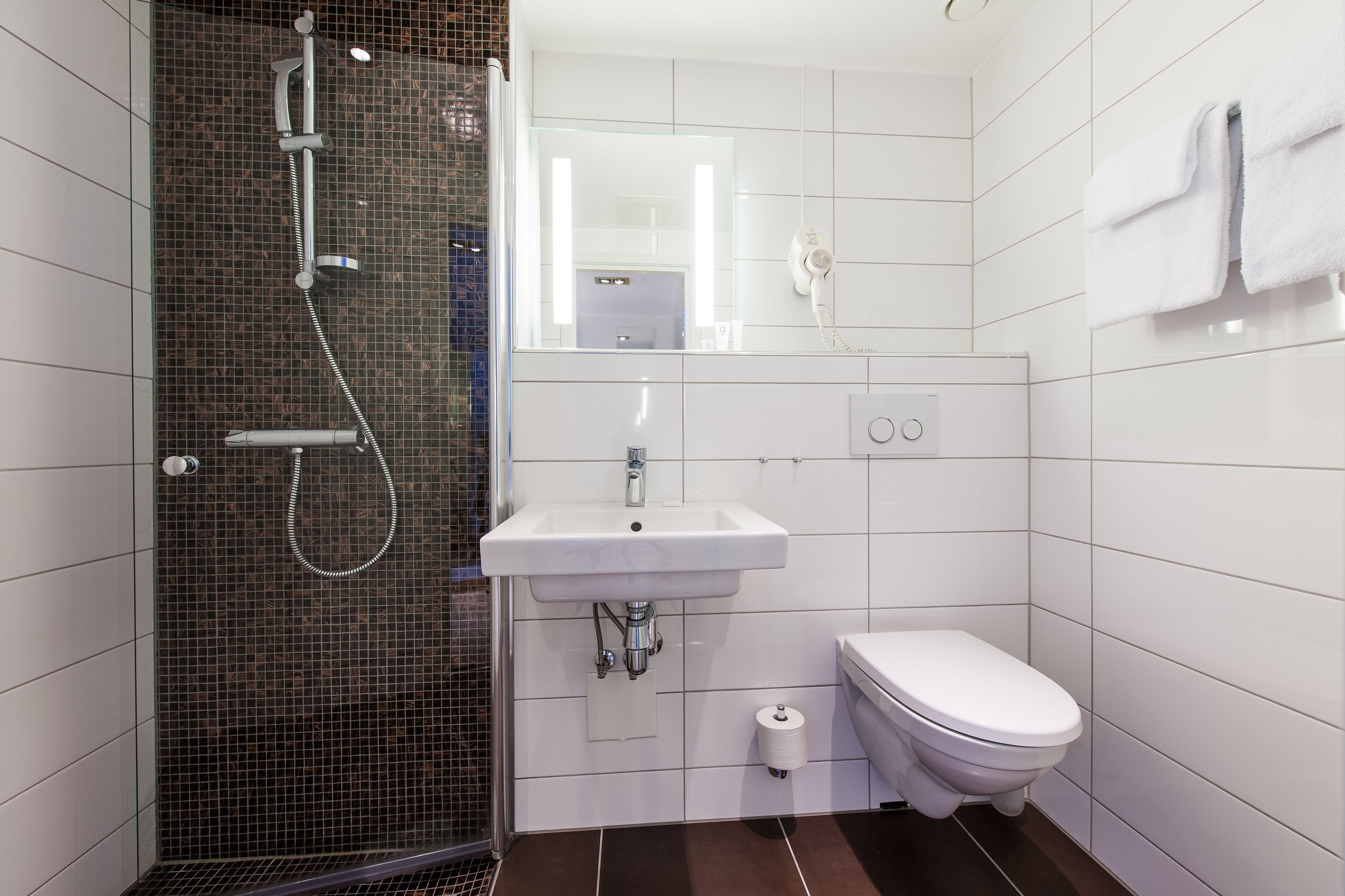 A modern bathroom with a glass-enclosed shower, a white sink, and a toilet.