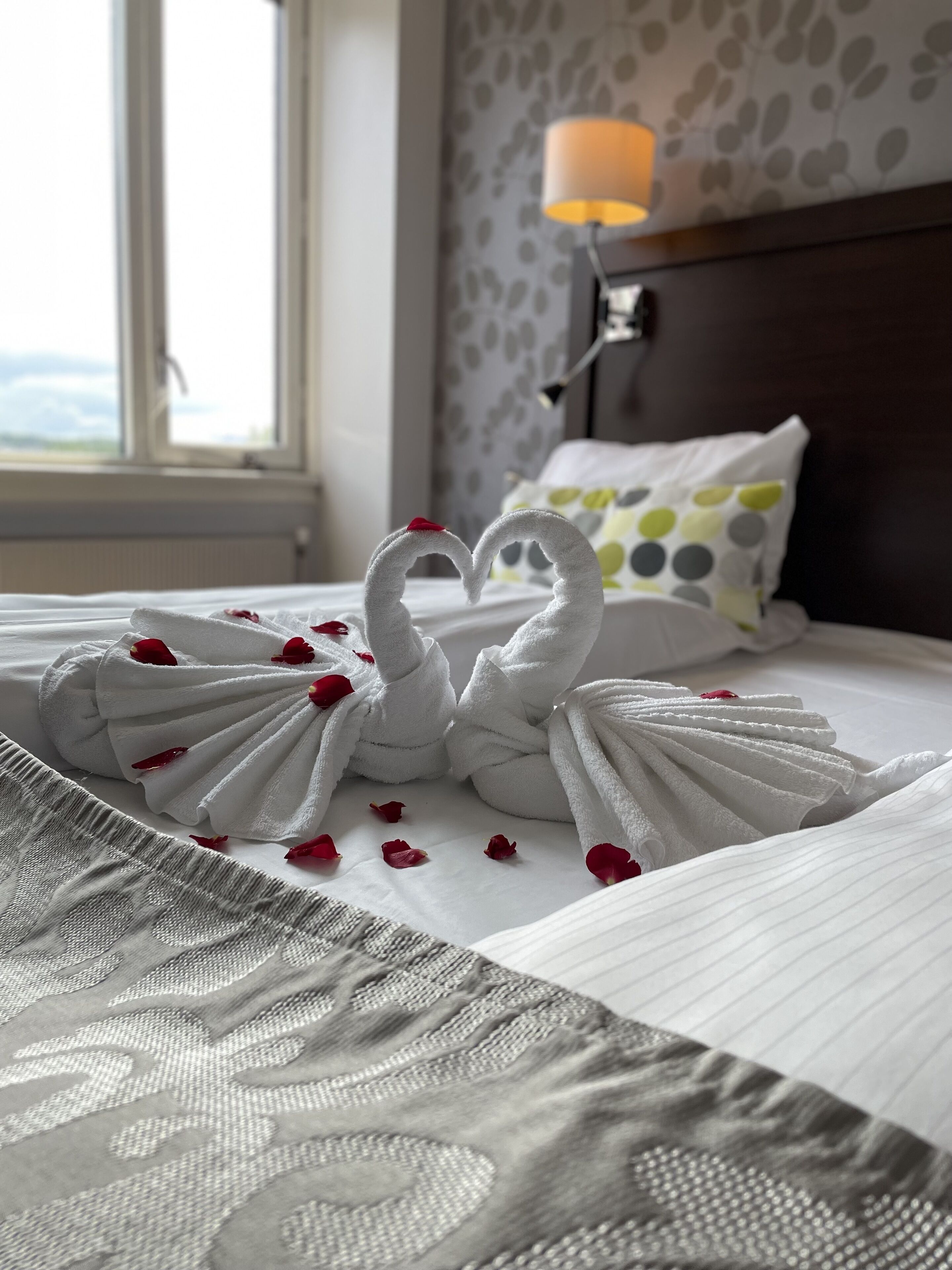 Una cama con toallas formando cisnes y pétalos de rosa esparcidos.
