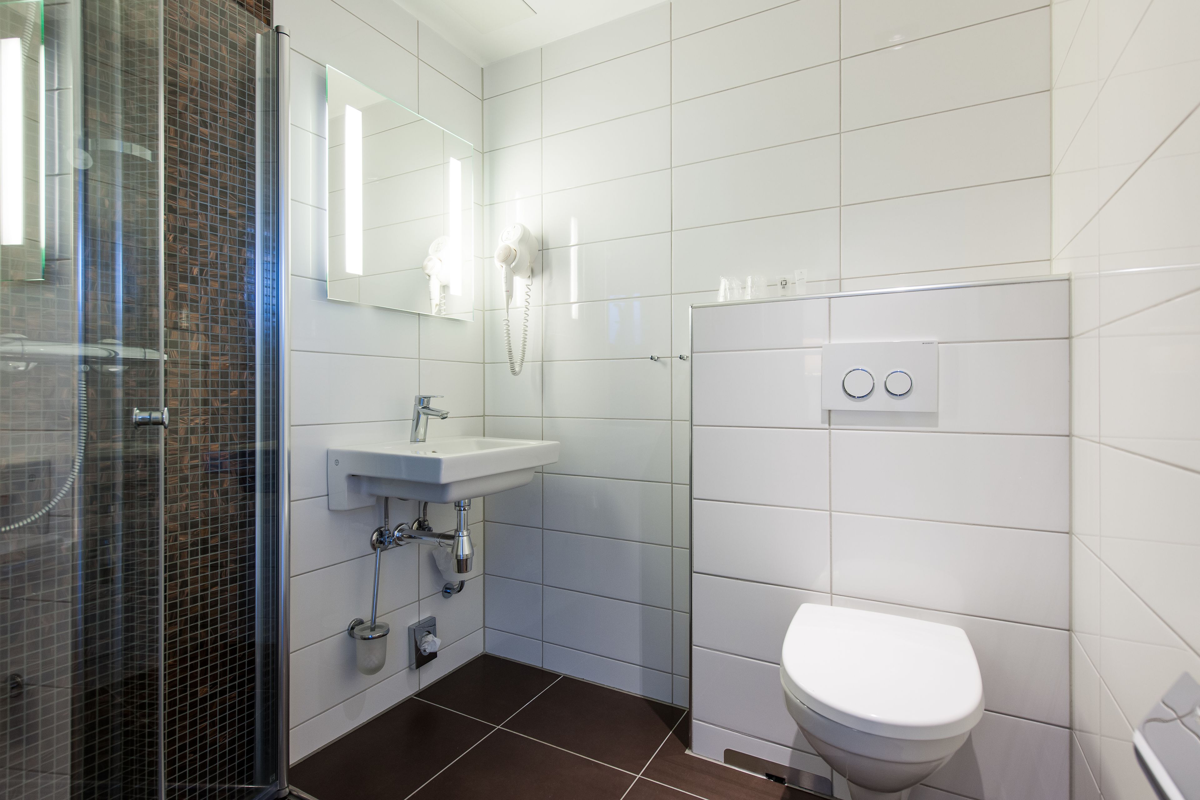 A modern bathroom with a glass shower enclosure, a white sink, and a toilet.