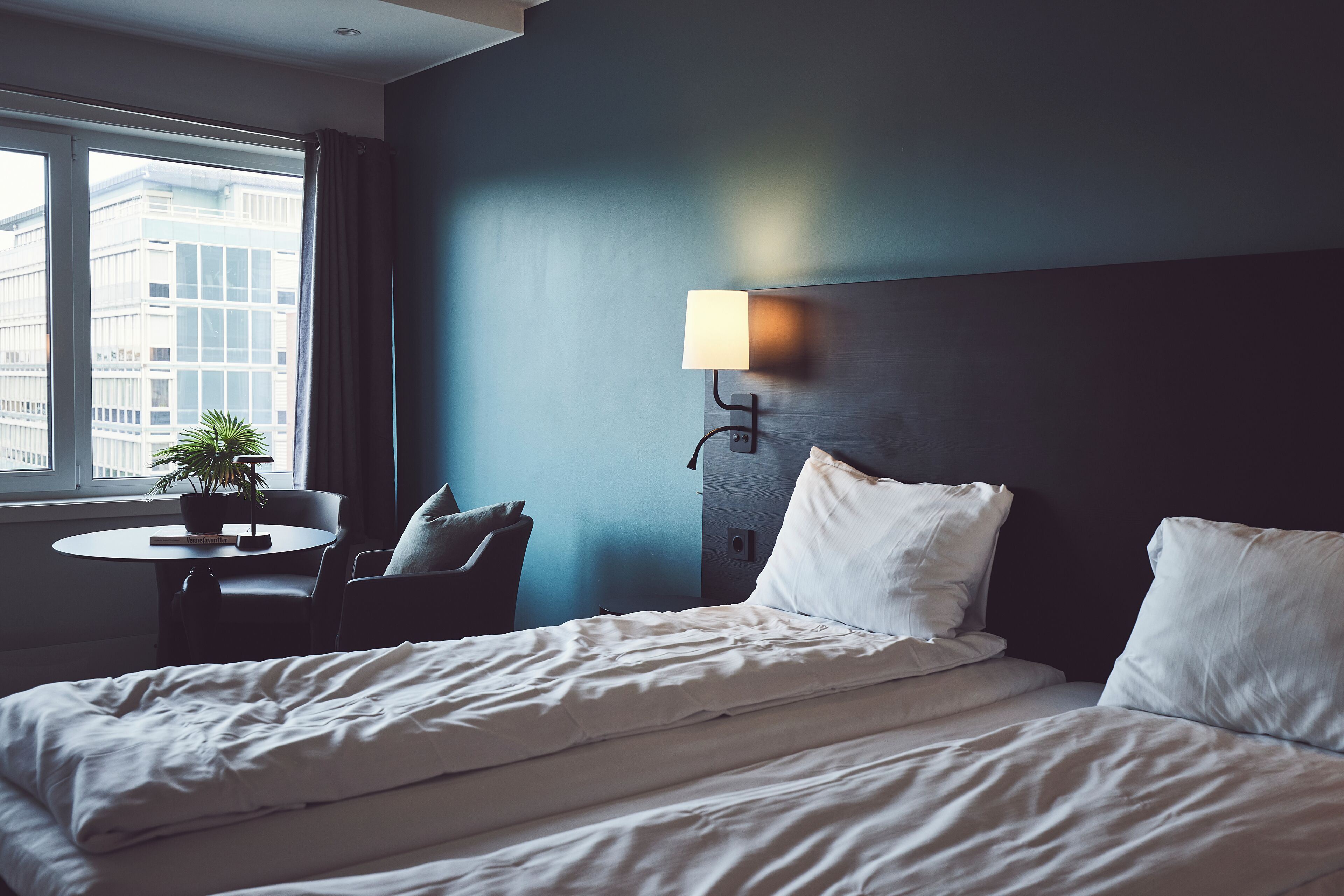 Une chambre d’hôtel avec un lit, une petite table sur laquelle est posée une plante, une chaise et une lampe.