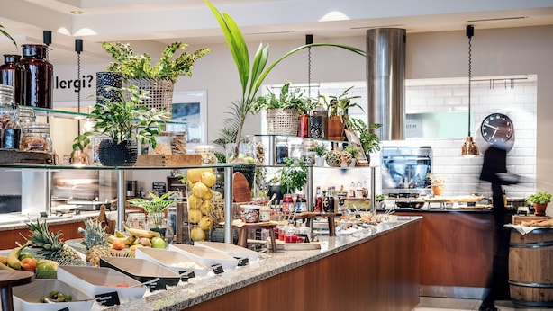 A modern kitchen with a granite countertop, various kitchen appliances, and a variety of plants and fruits displayed on the counter.