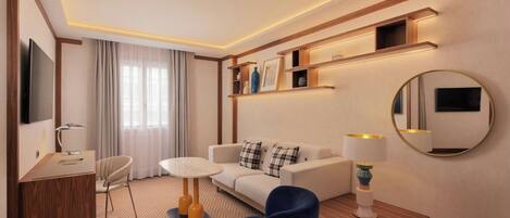 A hotel room with a sofa, a desk, a chair, a round mirror, and shelves with decorative items.