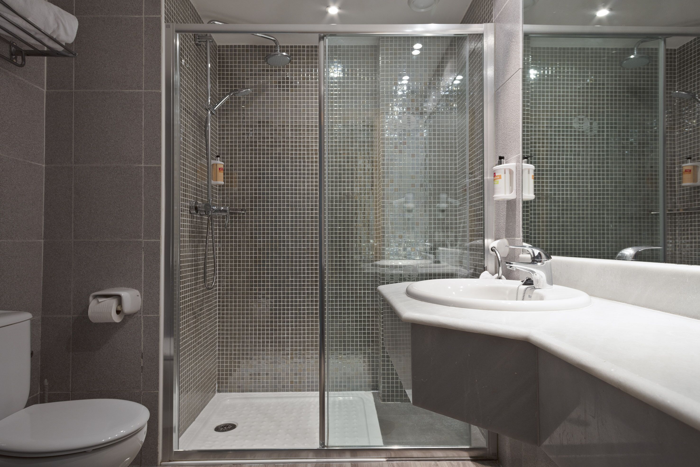 hair dryer, towels, soap, shampoo