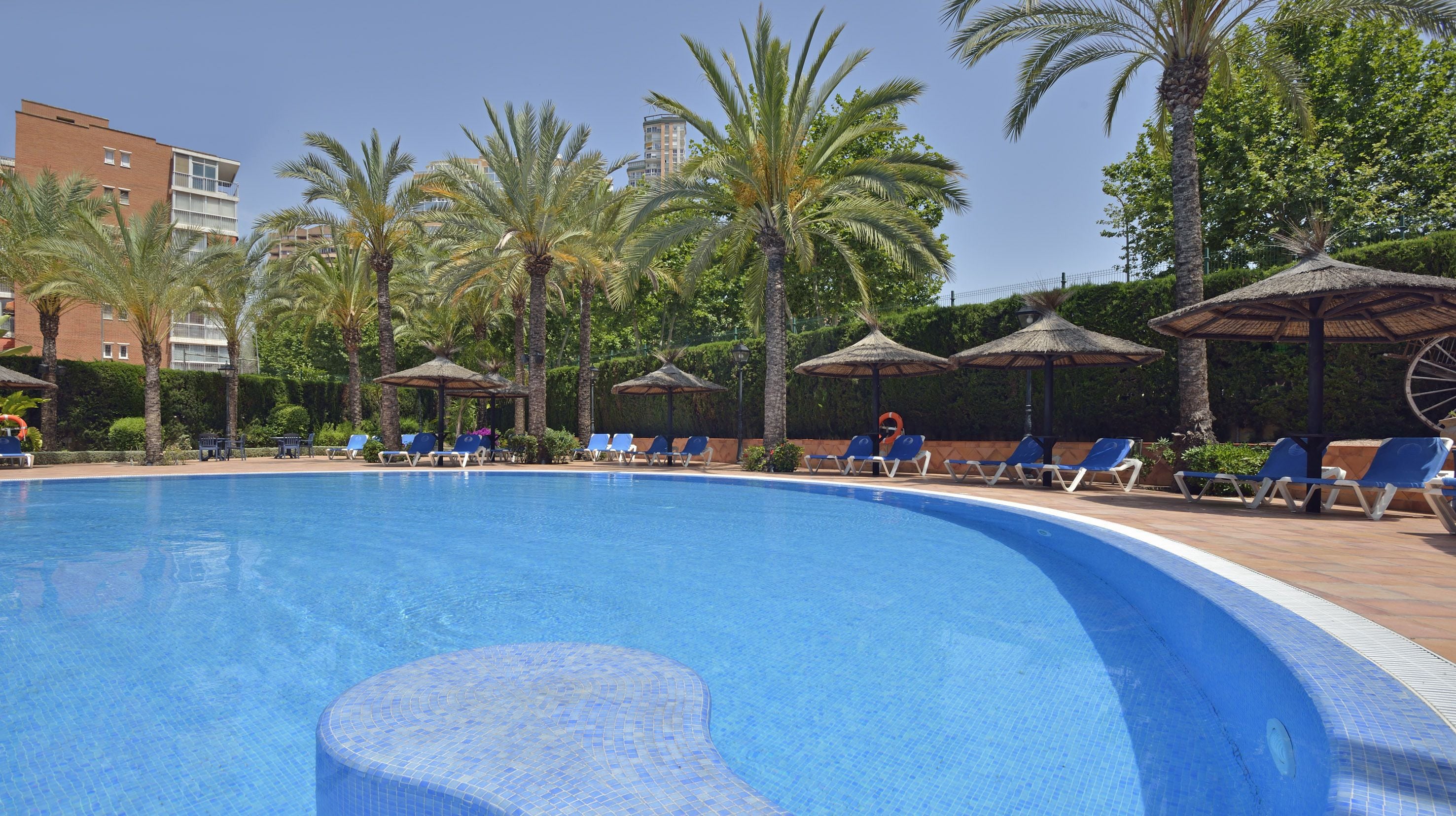 A swimming pool with lounge chairs and palm trees.