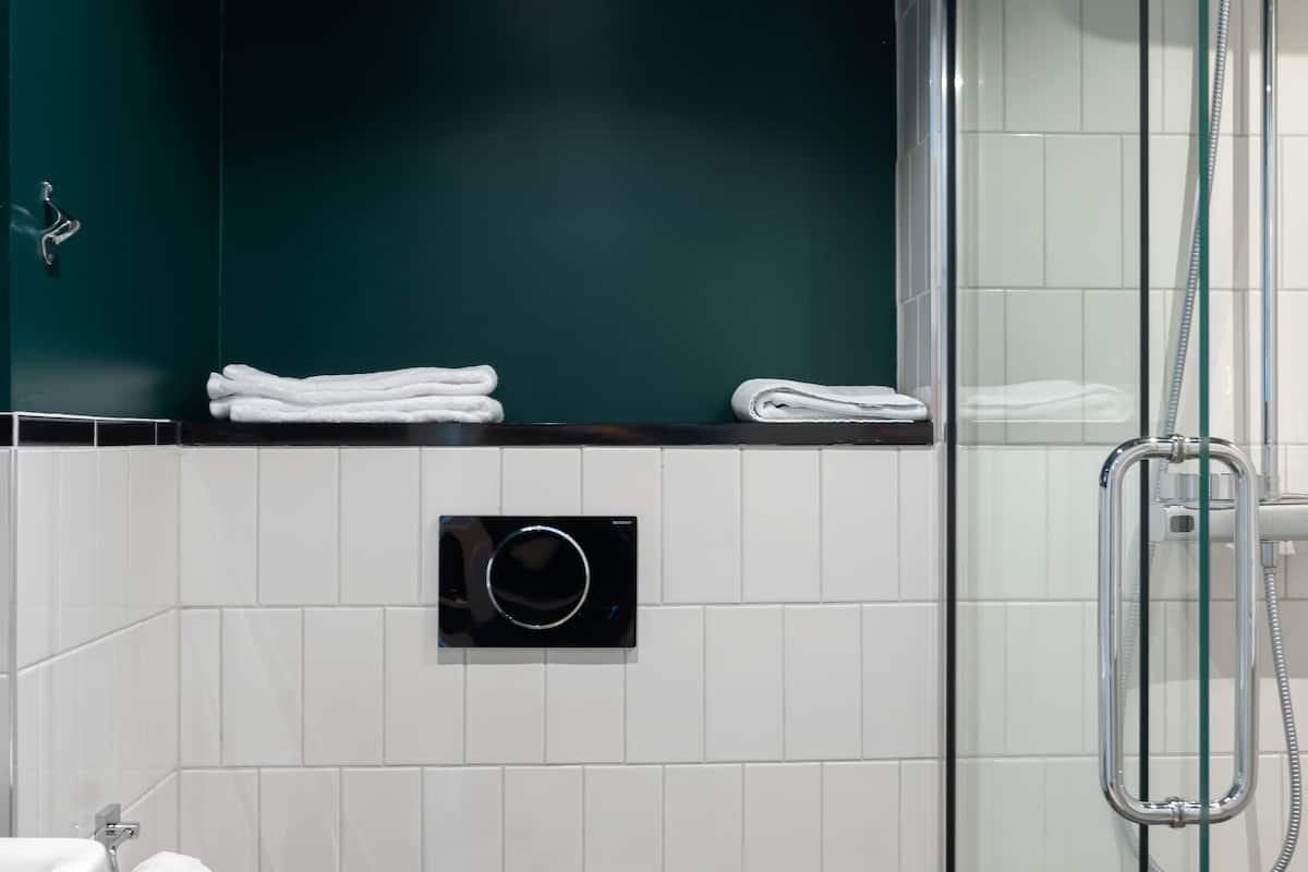 standard room | bathroom | shower, hair dryer, towels
