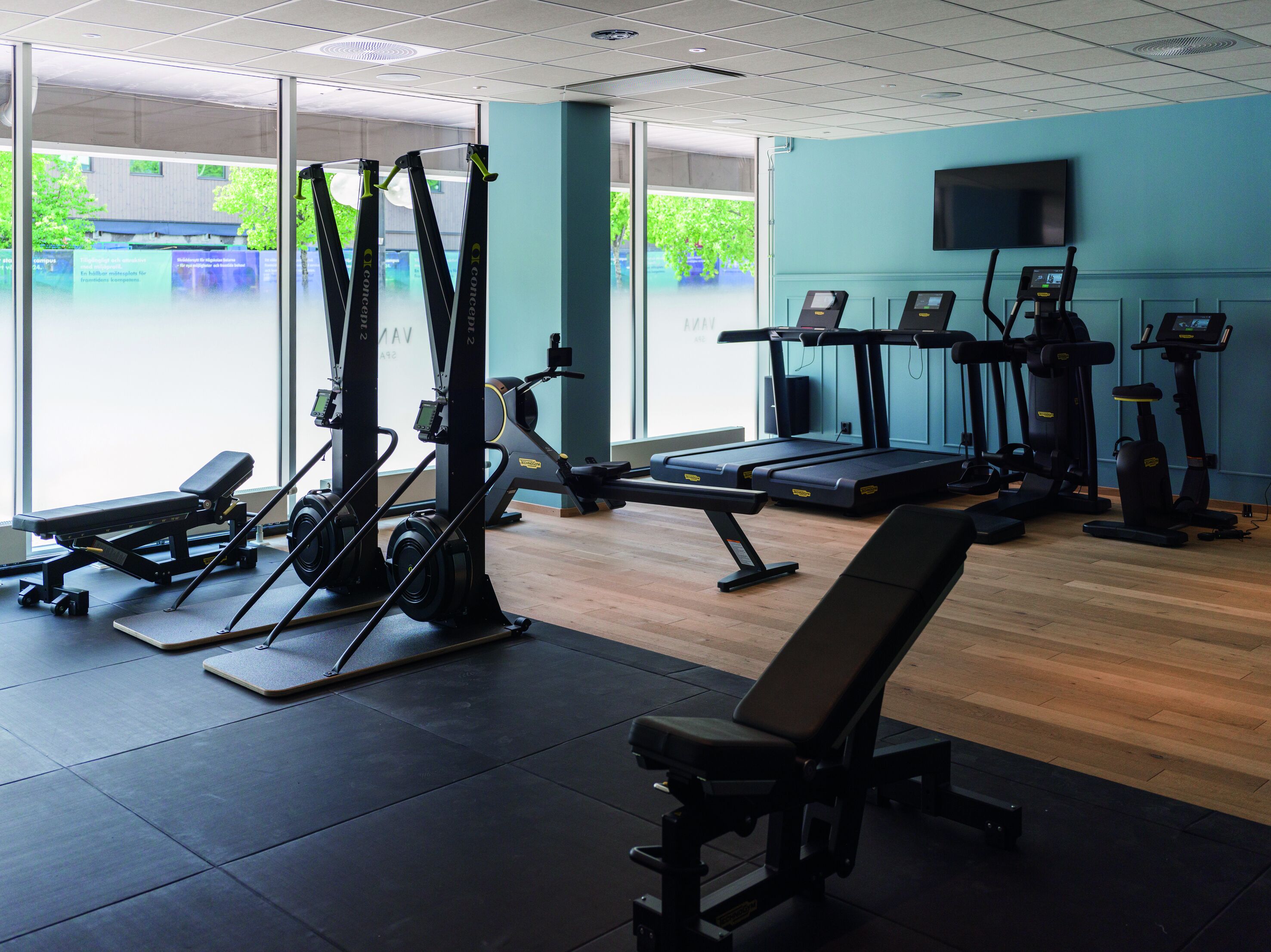 A gym with cardio machines, weight stations, and a bench.