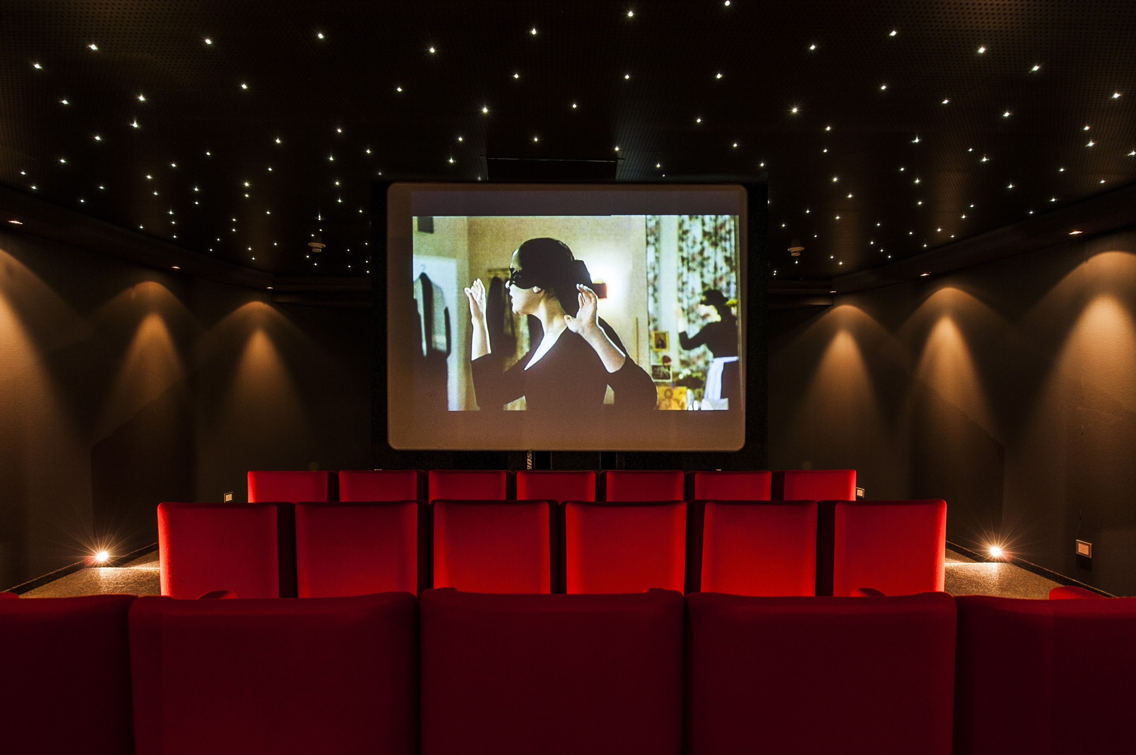 A theater with a large screen, red seating, and a dark ceiling with small lights.