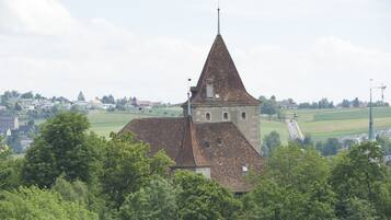 En historisk bygning med et markant tårn, omgivet af frodig vegetation og et landligt landskab.