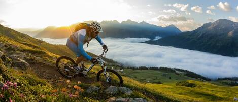 A mountain biker on a trail with a view of a valley and mountains in the background.