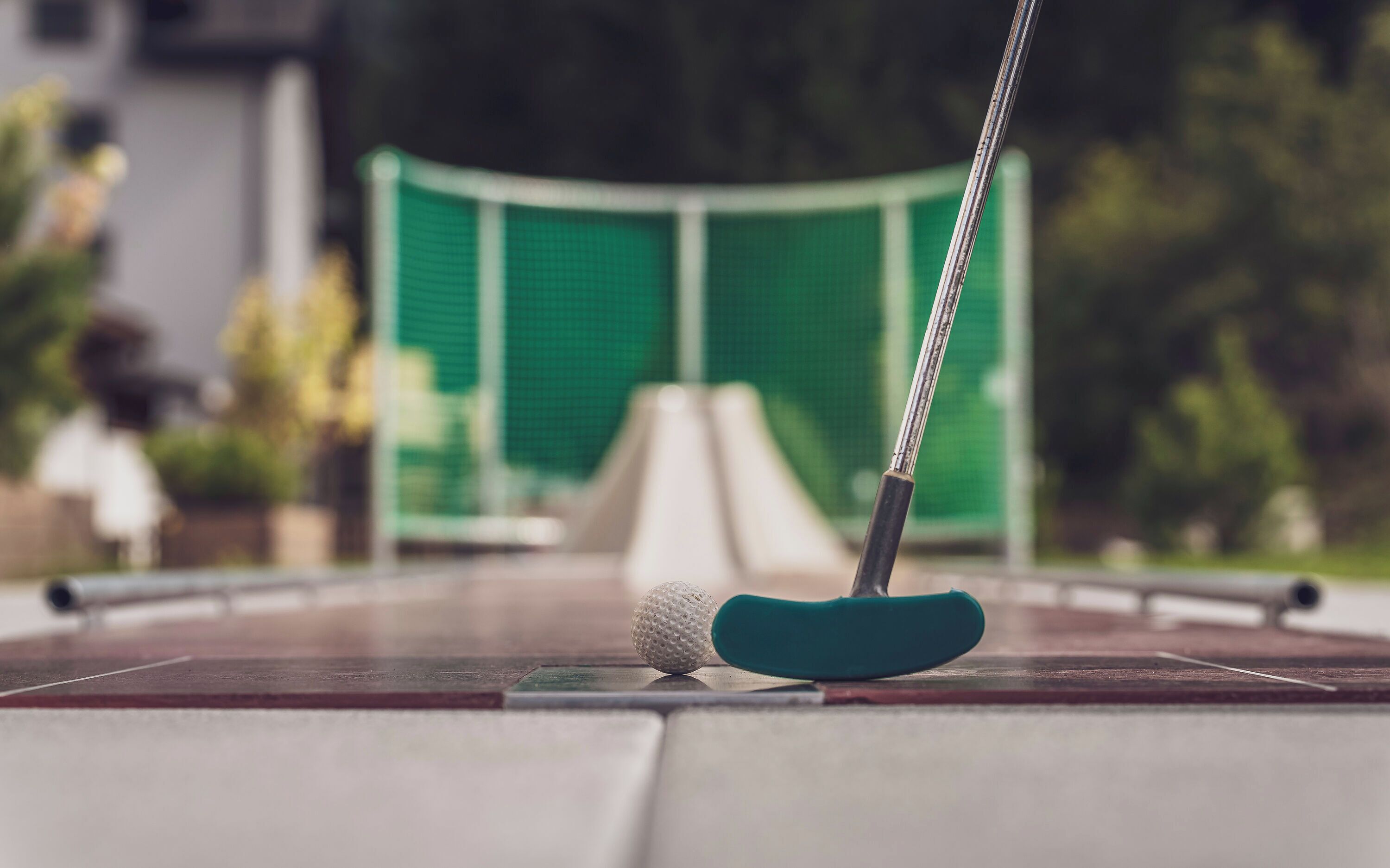 Ein Putting-Green mit Golfball und Schläger.