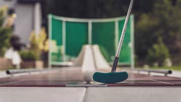 Ein Putting-Green mit Golfball und Schläger.