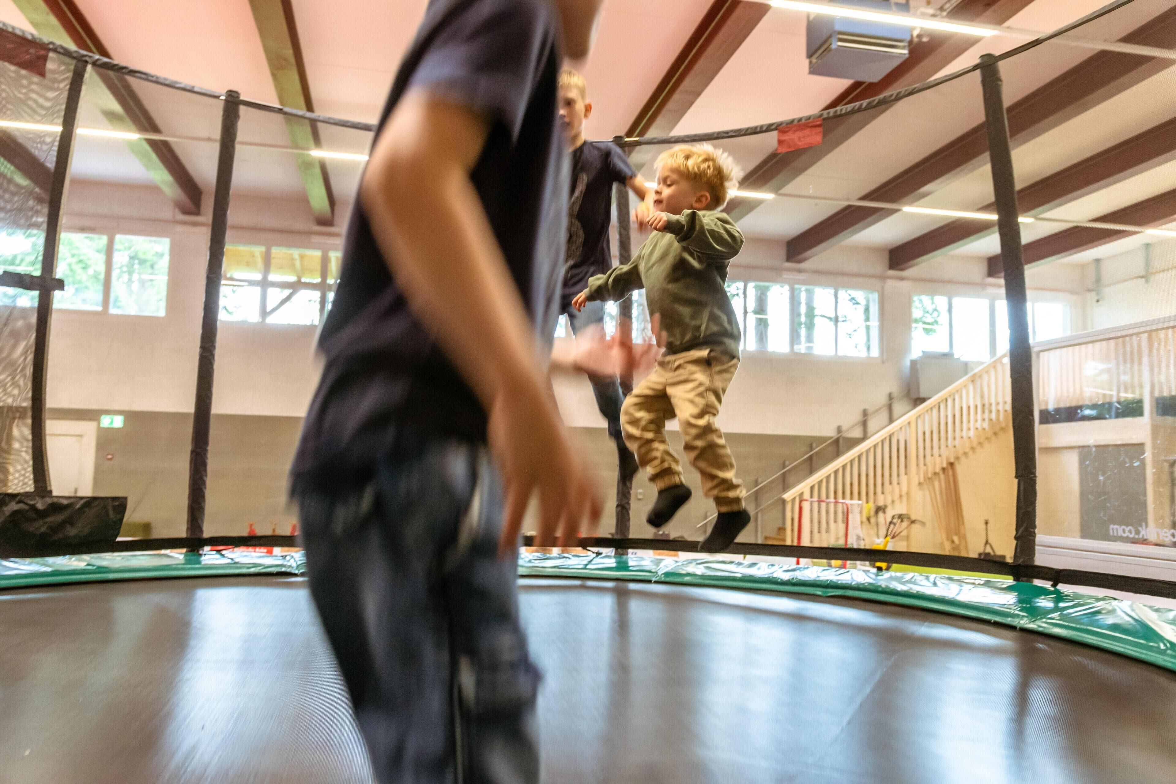 A trampoline area with safety nets and a wooden floor.