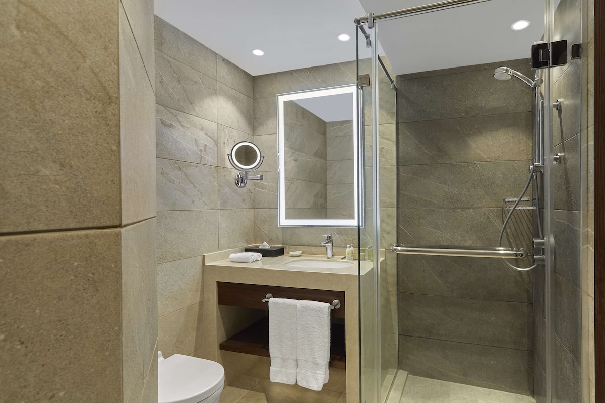 A modern bathroom with a glass-enclosed shower, a vanity with a mirror, and a toilet.