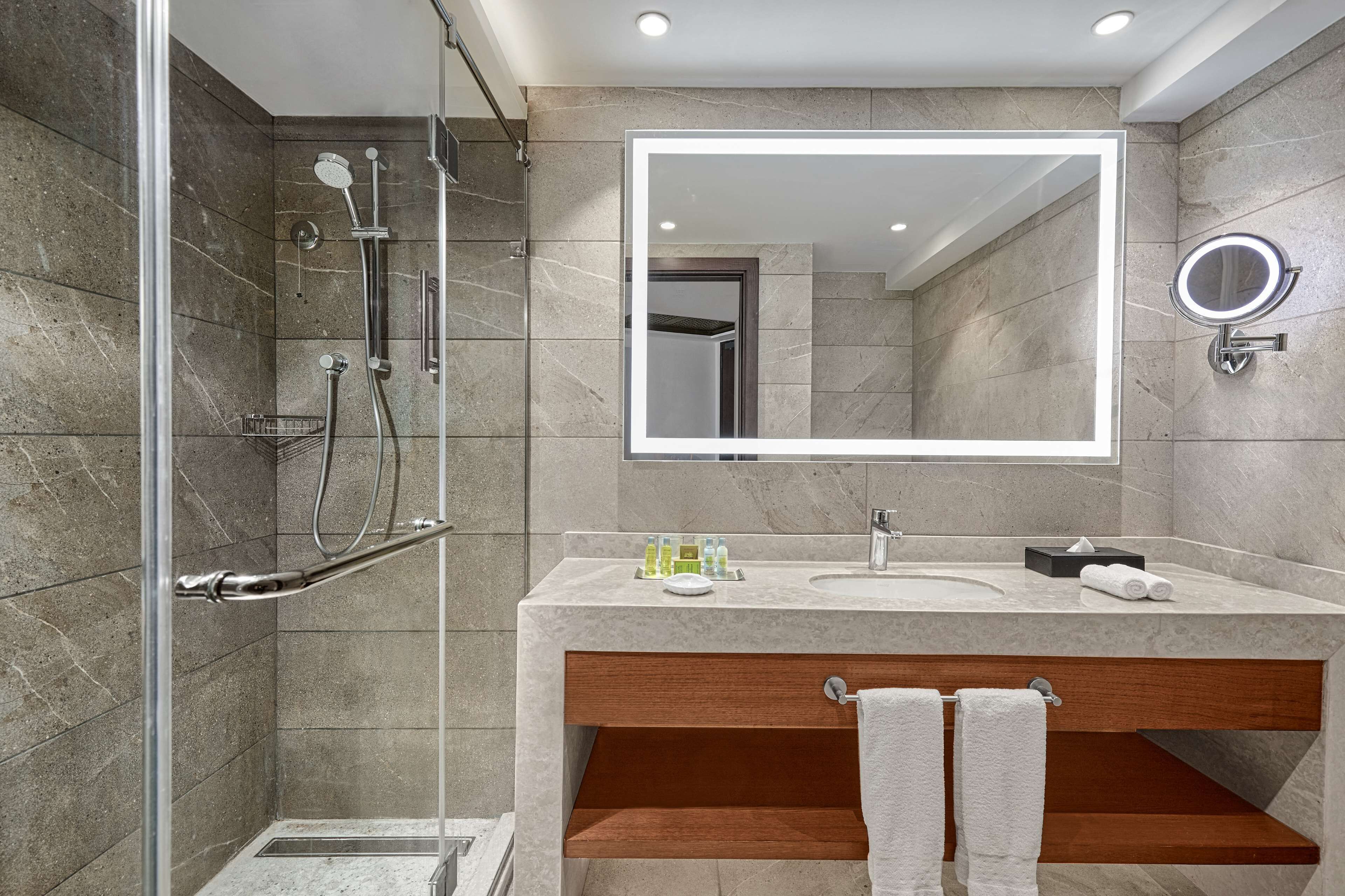 A modern bathroom with a glass-enclosed shower, a large mirror, and a vanity with a sink and towel rack.