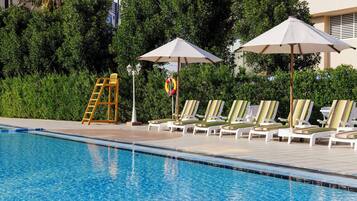Outdoor pool, pool umbrellas, pool loungers