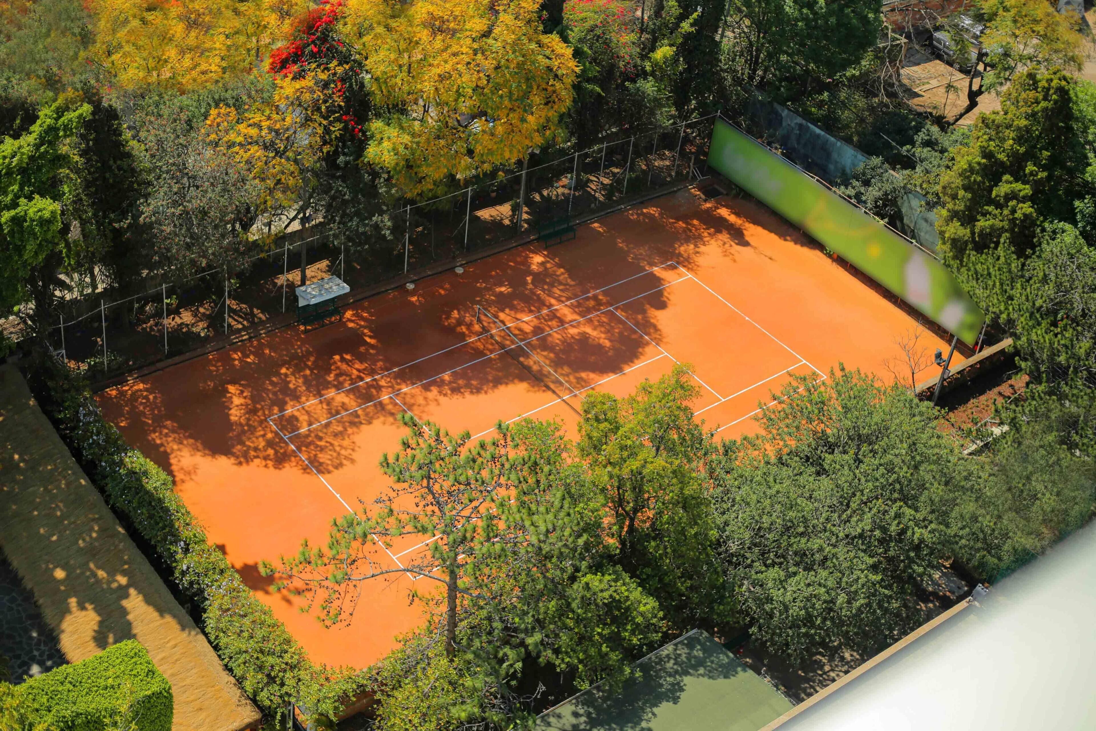 Vista aérea de una cancha de tenis rodeada de árboles y vegetación.