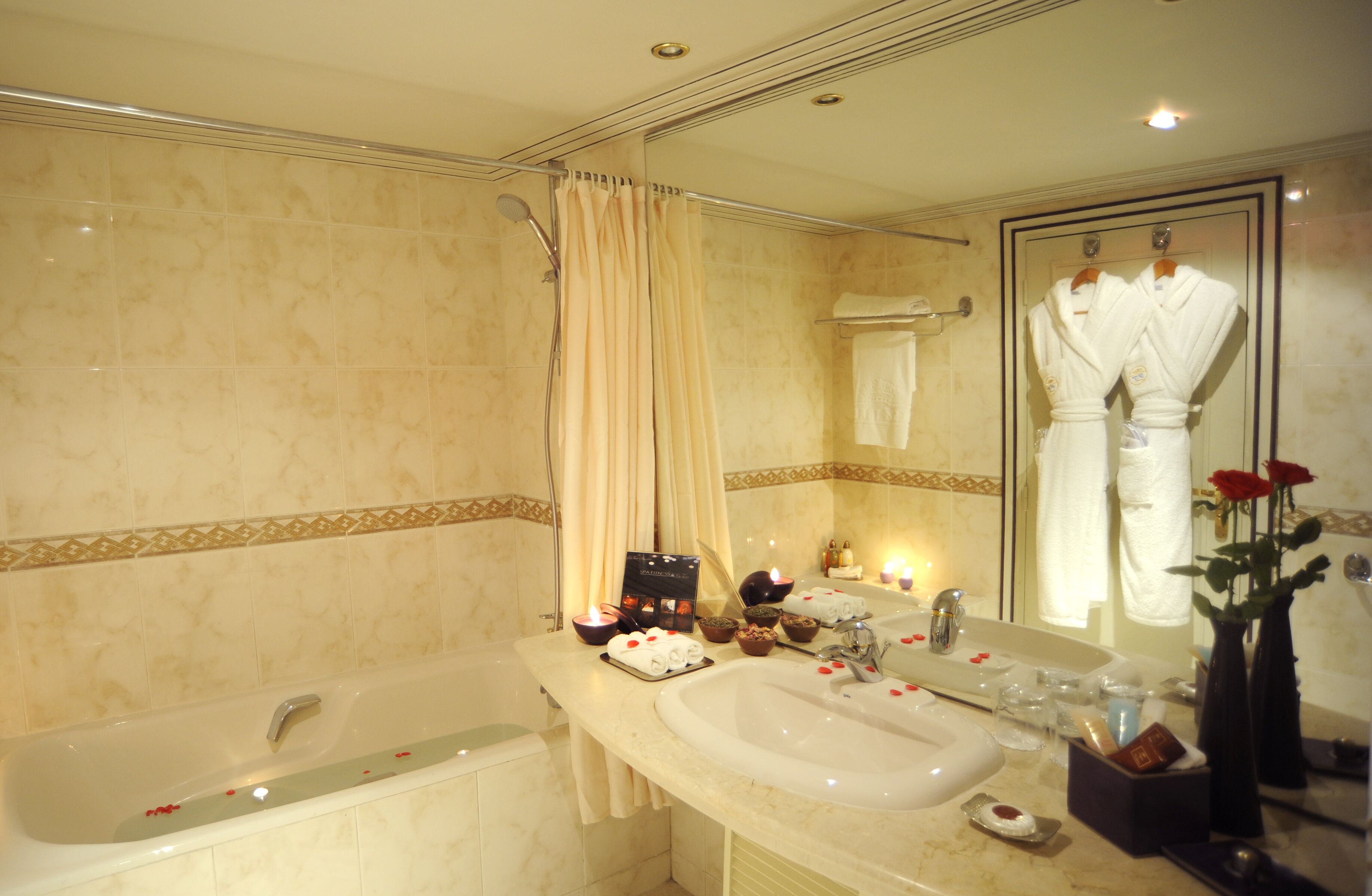 bathtub, free toiletries, hair dryer, bathrobes