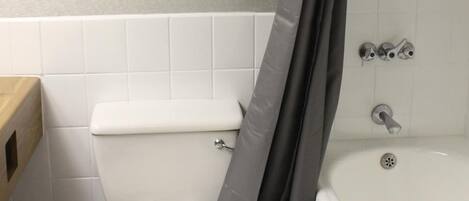 A bathroom with a toilet, a bathtub, and a shower curtain.
