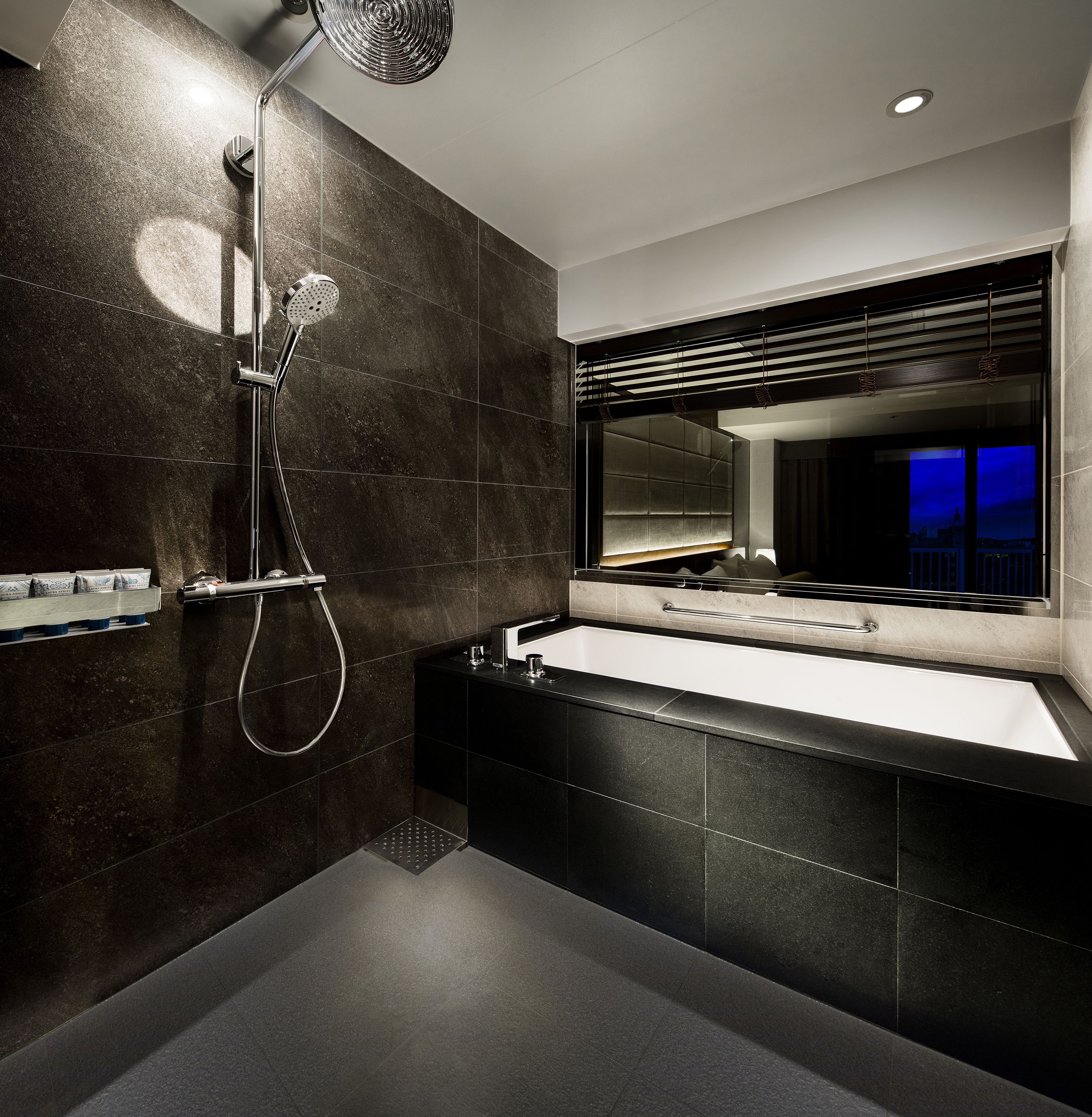 combined shower/bathtub, free toiletries, hair dryer, slippers