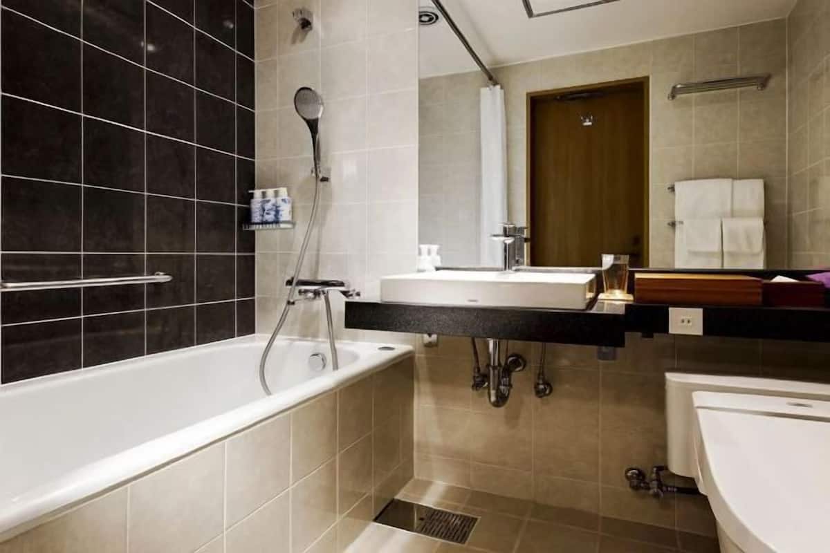 Ensemble baignoire-douche, articles de toilette (gratuits)