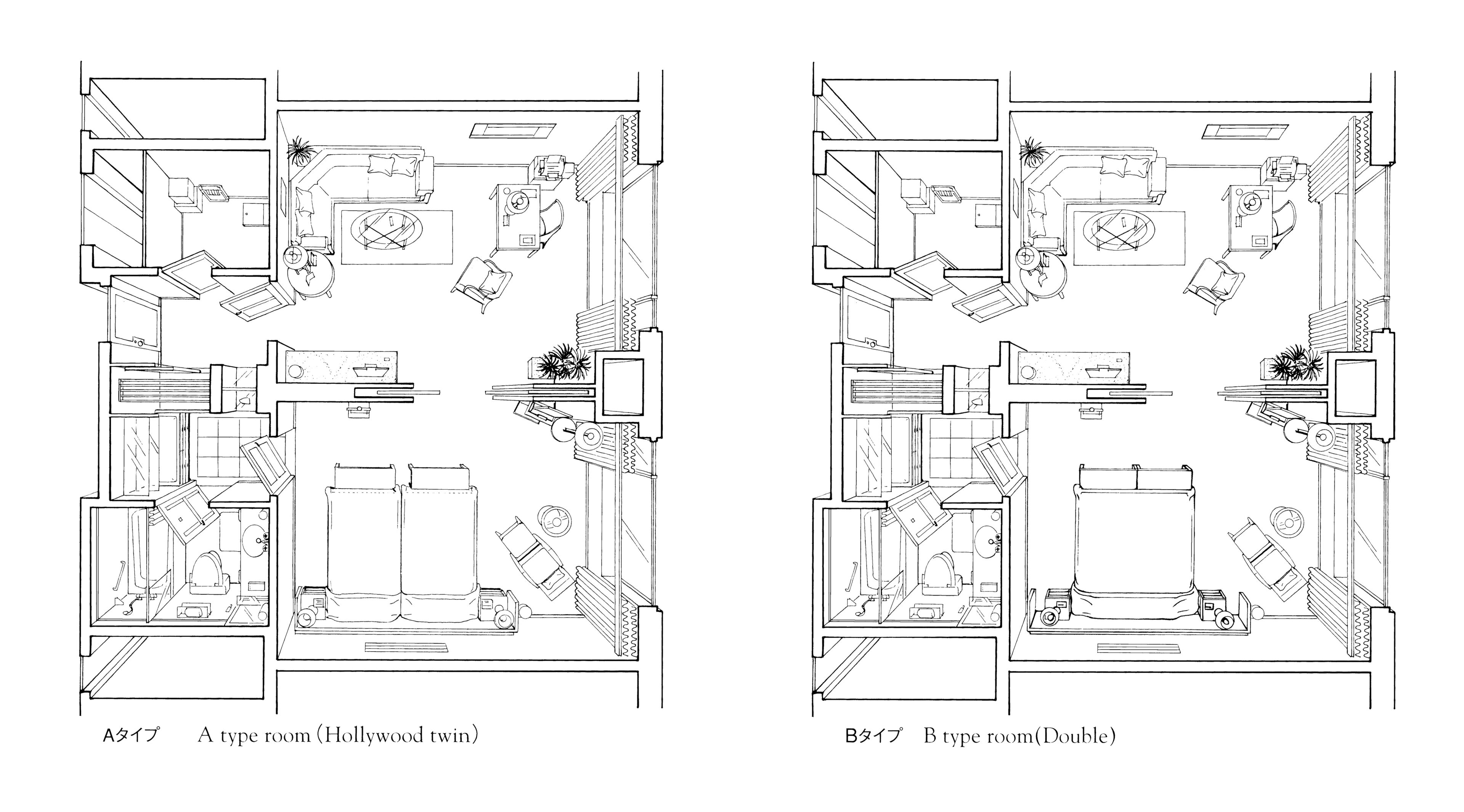 Floor plans of A type room (Hollywood twin) and B type room (Double).
