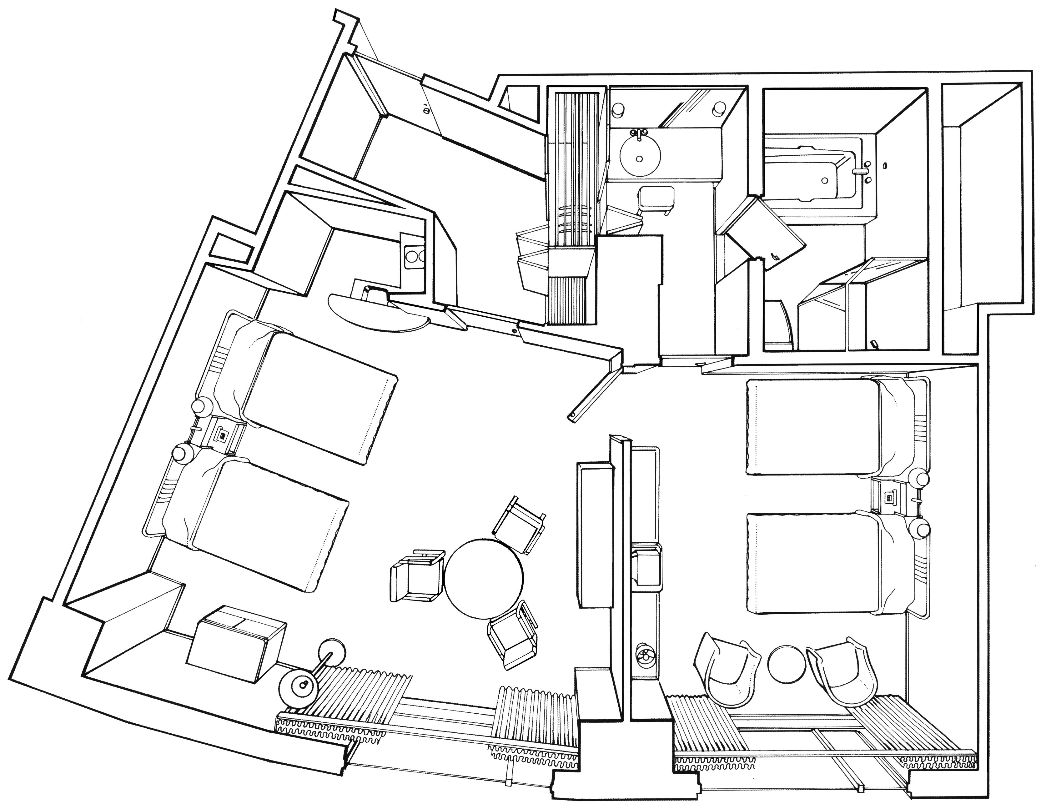 A detailed floor plan of a hotel room with a bed, a desk, a chair, a small table, and a bathroom with a sink and toilet.