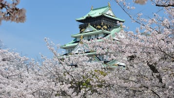 A traditional Japanese castle with multiple tiers and green roofs, surrounded by cherry blossom trees.