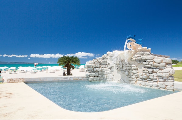 Seasonal outdoor pool, open 9:00 AM to 6:00 PM, pool umbrellas