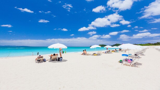Une plage avec des parasols blancs et des chaises longues.