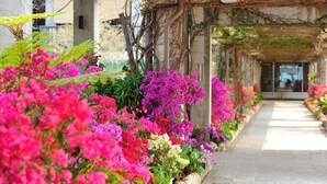 Un sentier bordé de fleurs aux couleurs vives et une structure couverte.