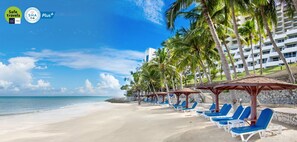 Private beach, sun-loungers, beach umbrellas, beach towels