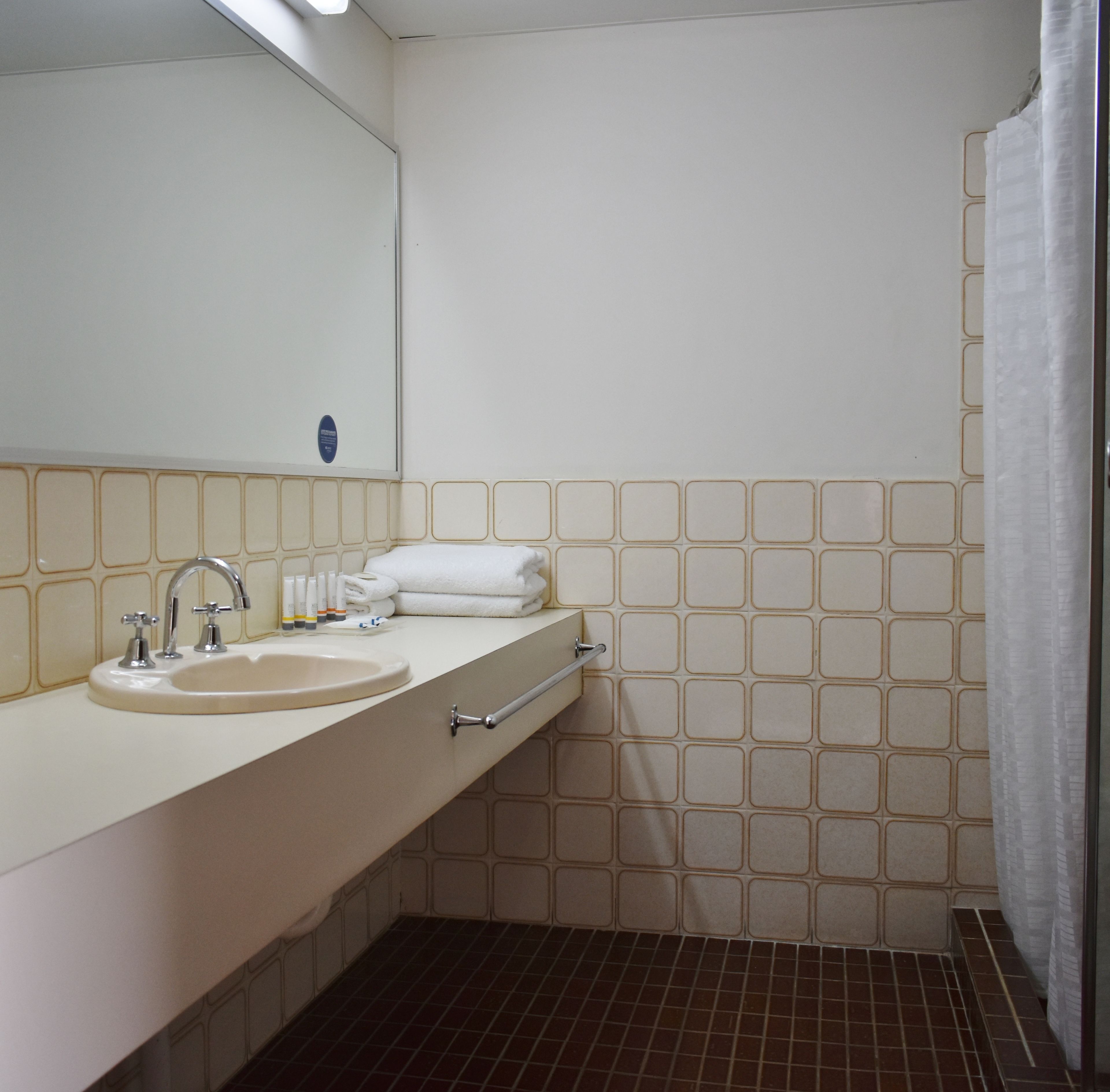 Un baño con lavamanos, espejo, toallero y cortina de ducha.