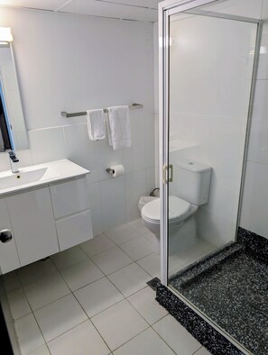 Suihku, ilmaiset hygieniatuotteet, hiustenkuivaaja, pyyhkeet