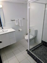 Shower, free toiletries, hair dryer, towels