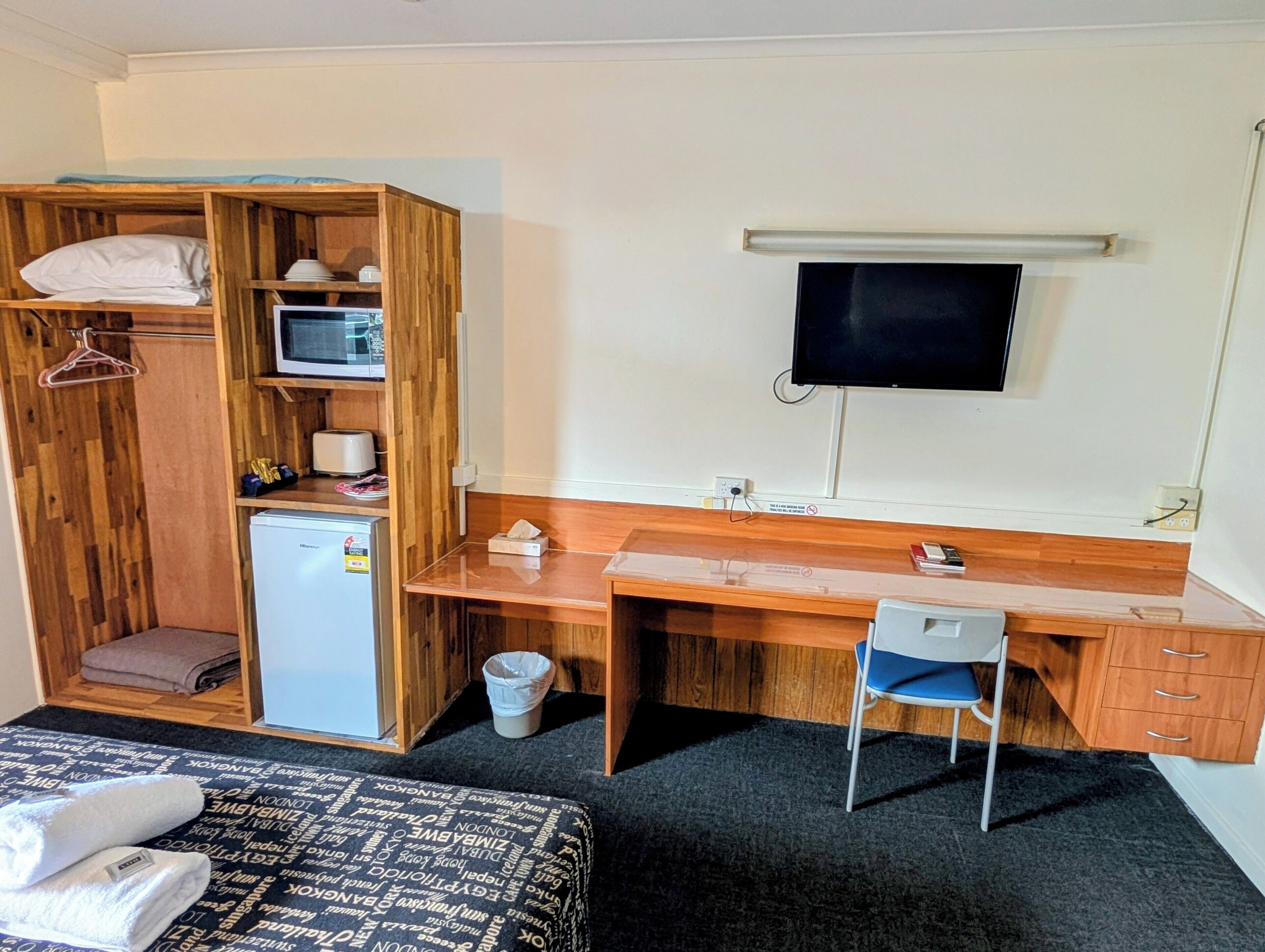 Desk, iron/ironing board, free WiFi, alarm clocks