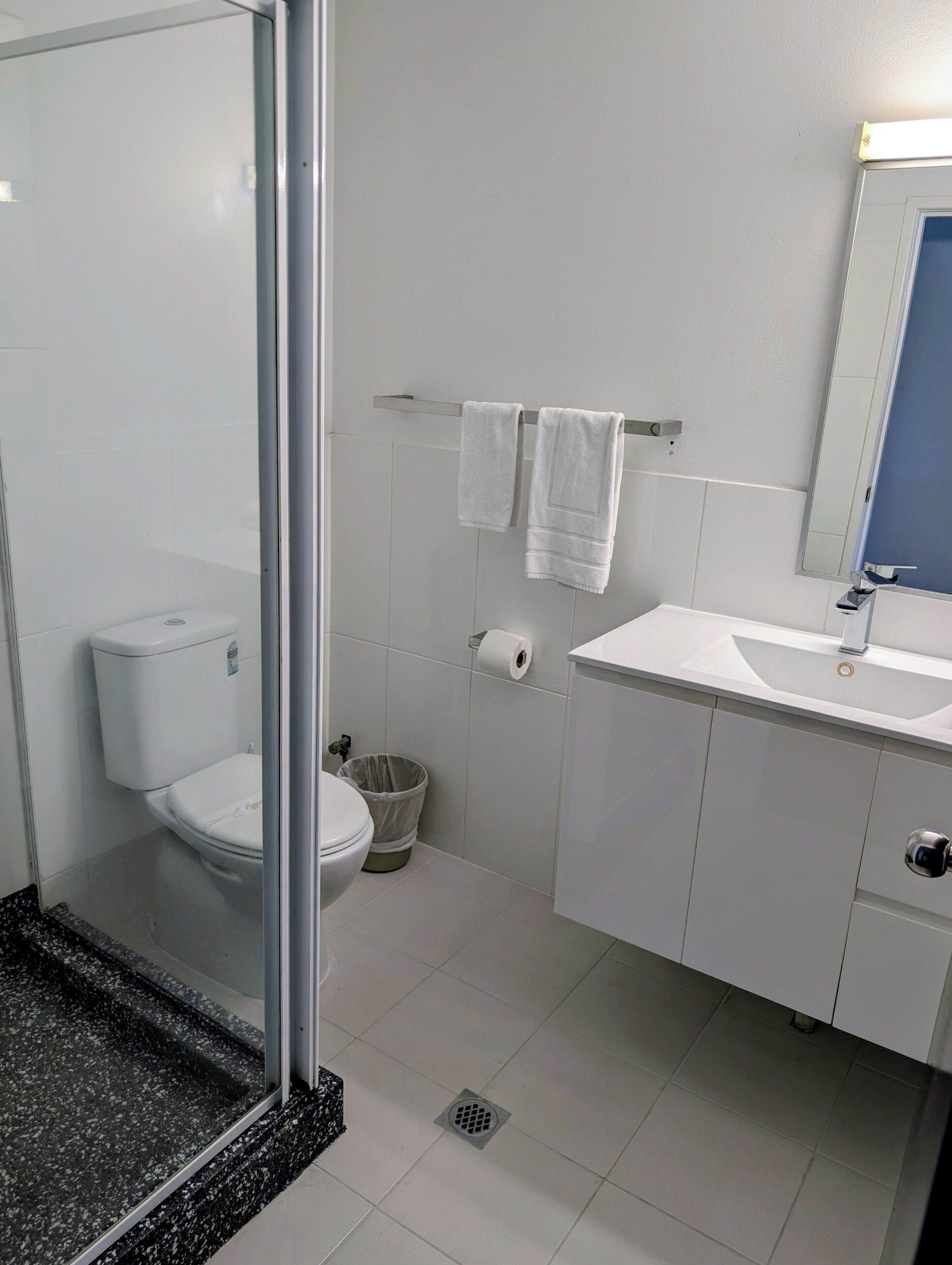 Shower, free toiletries, hair dryer, towels