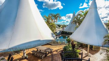 Seasonal outdoor pool, pool umbrellas, pool loungers