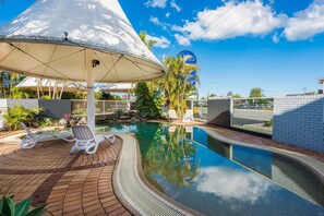 Seasonal outdoor pool, pool umbrellas, sun loungers
