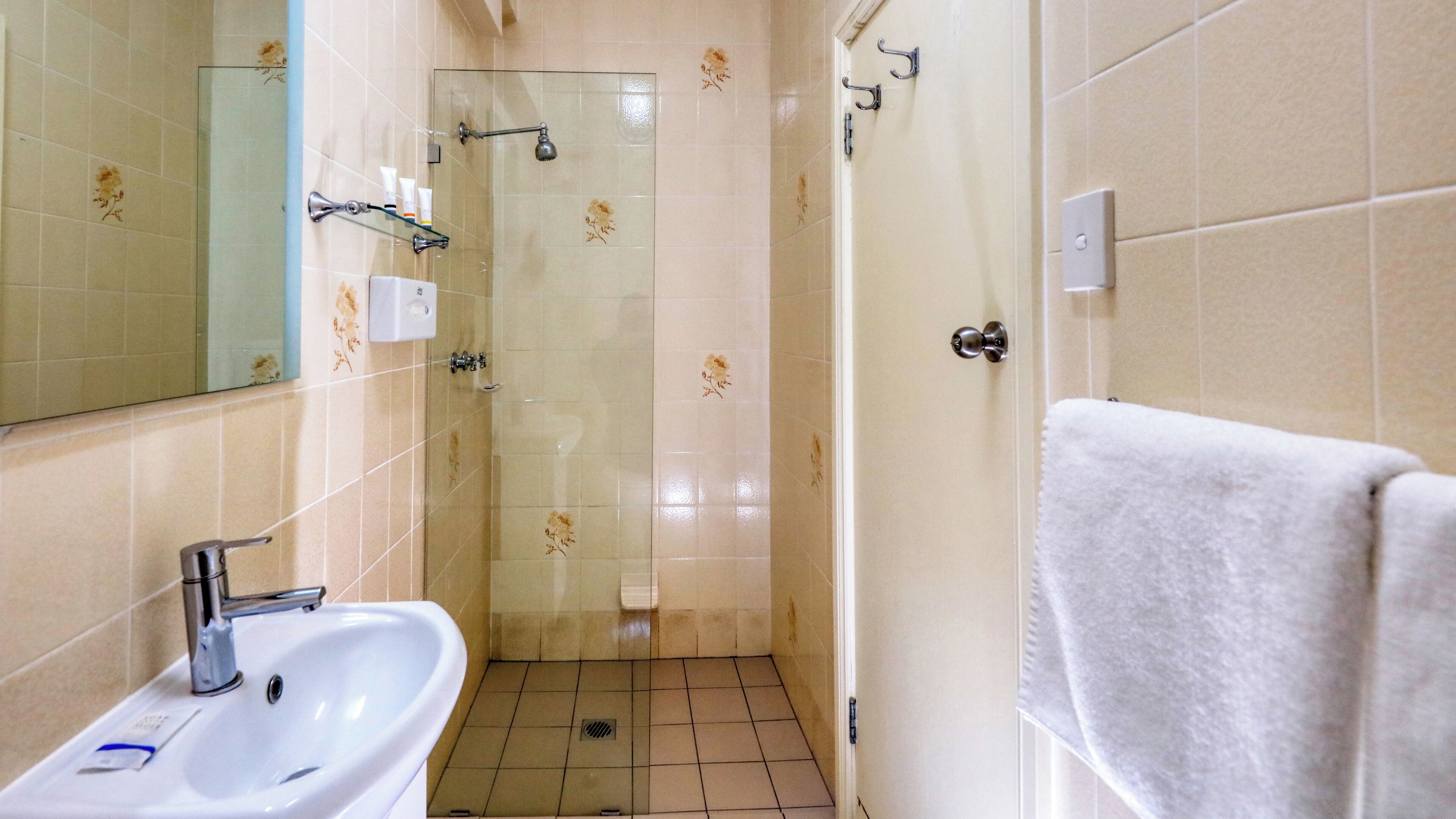 deluxe suite | bathroom | shower, rainfall showerhead, hair dryer, towels