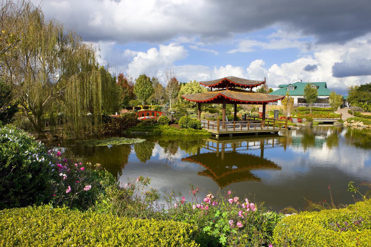 Um pavilhão japonês tradicional sobre um lago, rodeado por vegetação exuberante e plantas floridas.
