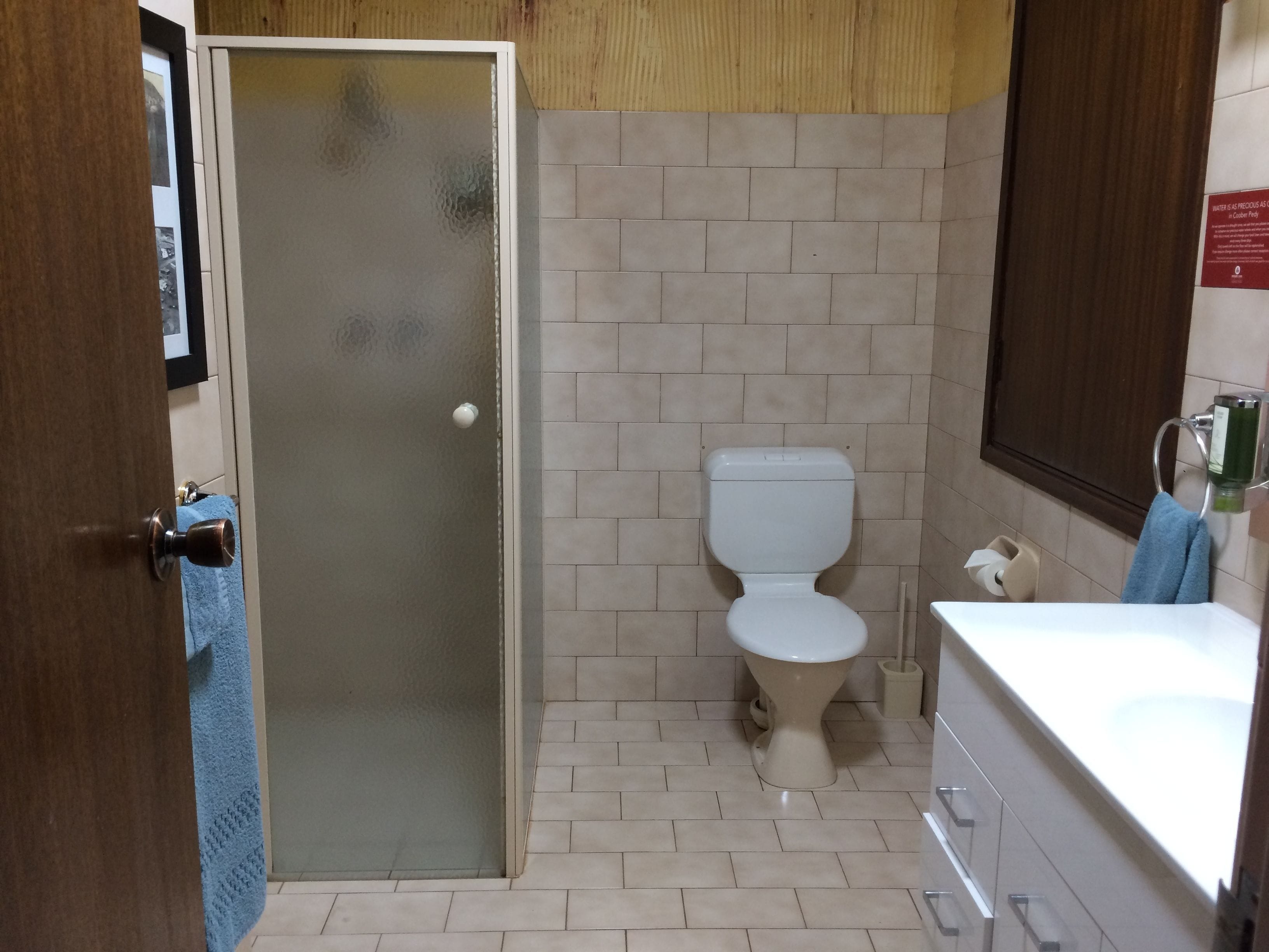A bathroom with a toilet, a sink, and a shower area.