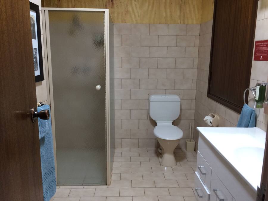 A bathroom with a toilet, a sink, and a shower area.