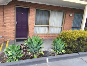 A building with a purple door, a window with a curtain, and a small garden with green plants.
