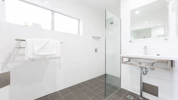 Une salle de bain moderne avec une douche à parois de verre, un lavabo blanc et un grand miroir.