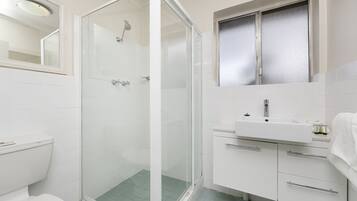 A modern bathroom with a glass-enclosed shower, a white sink, and a mirror above the sink.