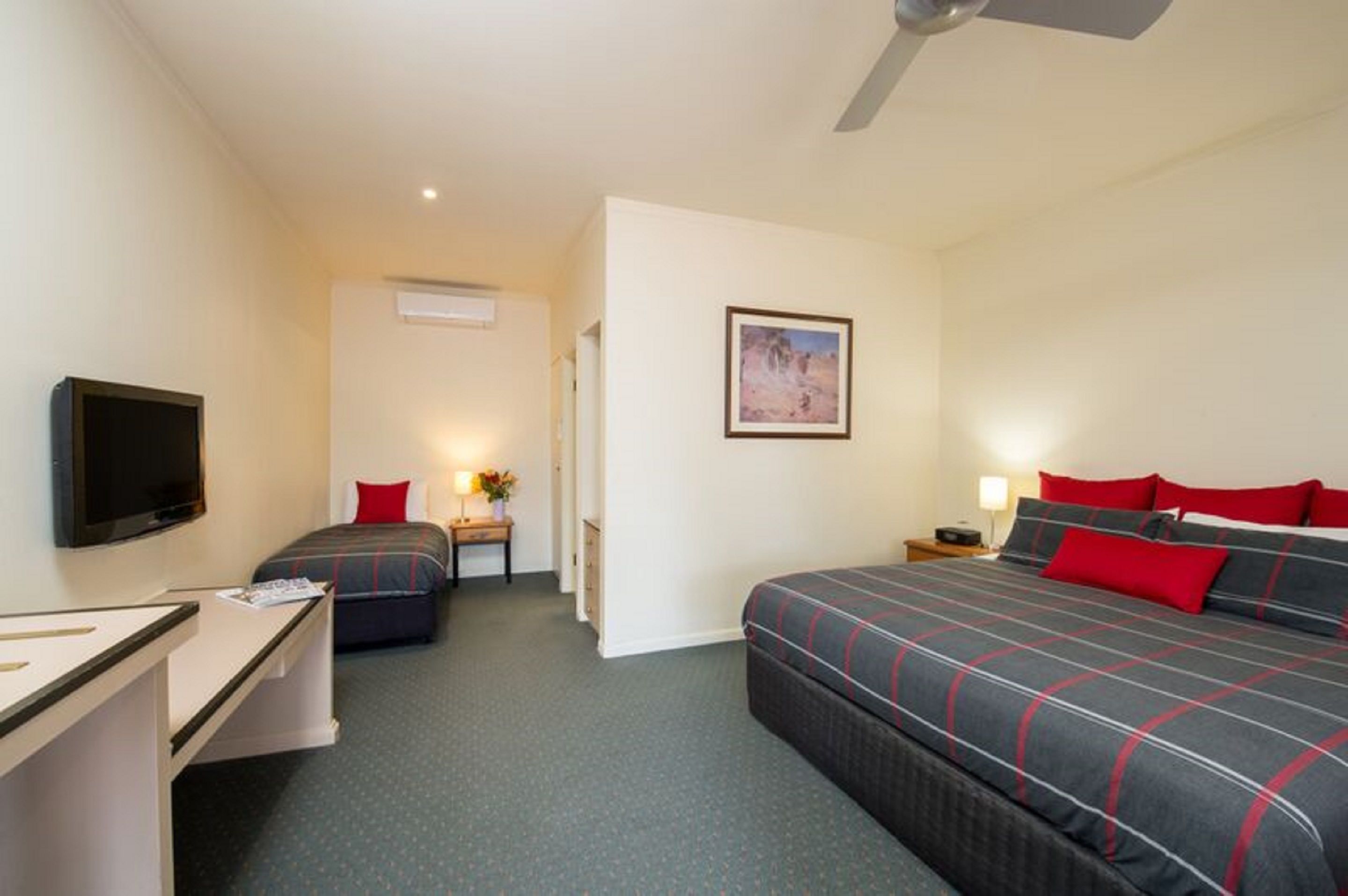 Una habitación de hotel con una cama, un escritorio, un televisor y un cuadro en la pared.