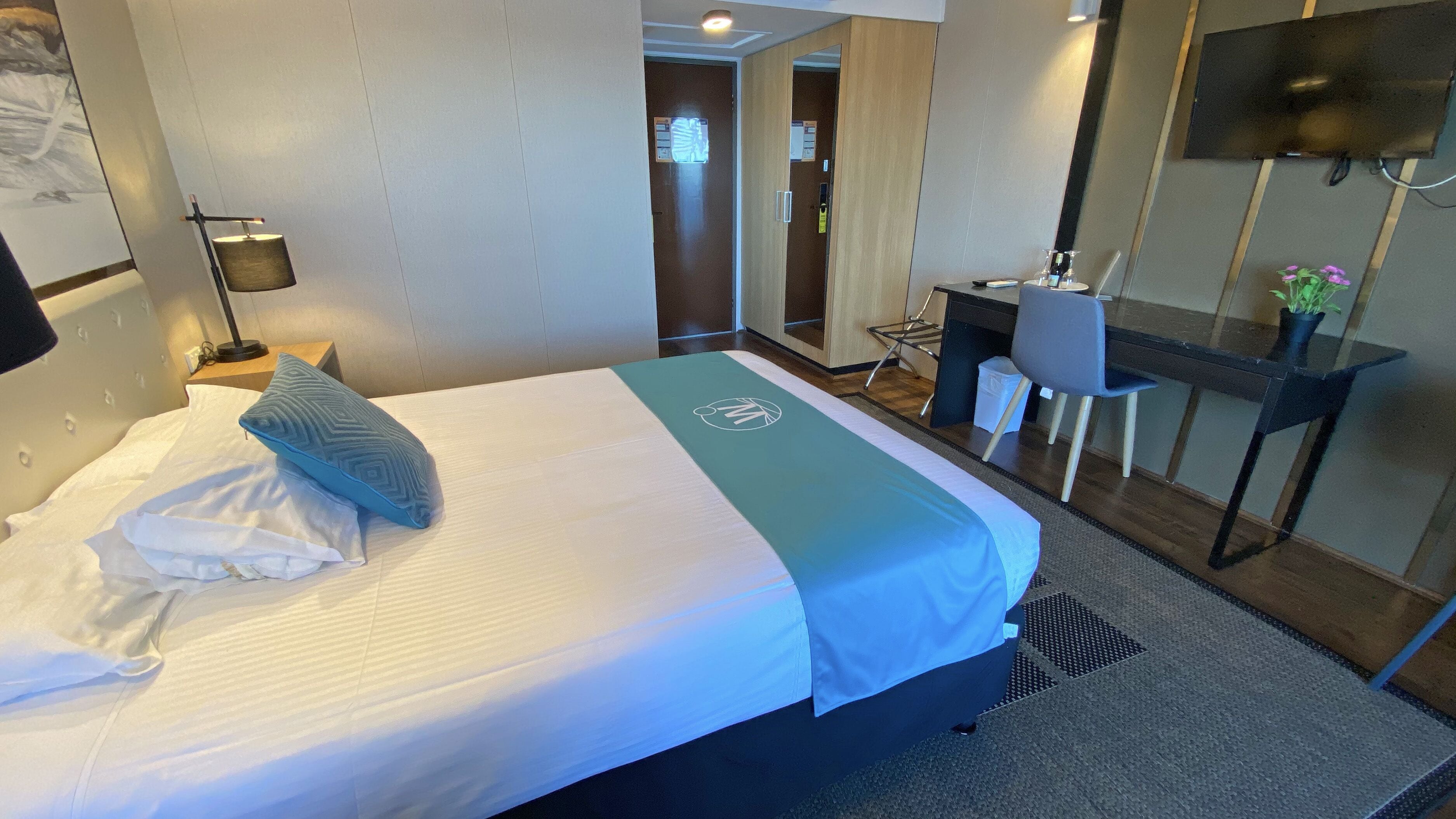 A hotel room with a bed, a desk, a chair, a TV, and a small plant.