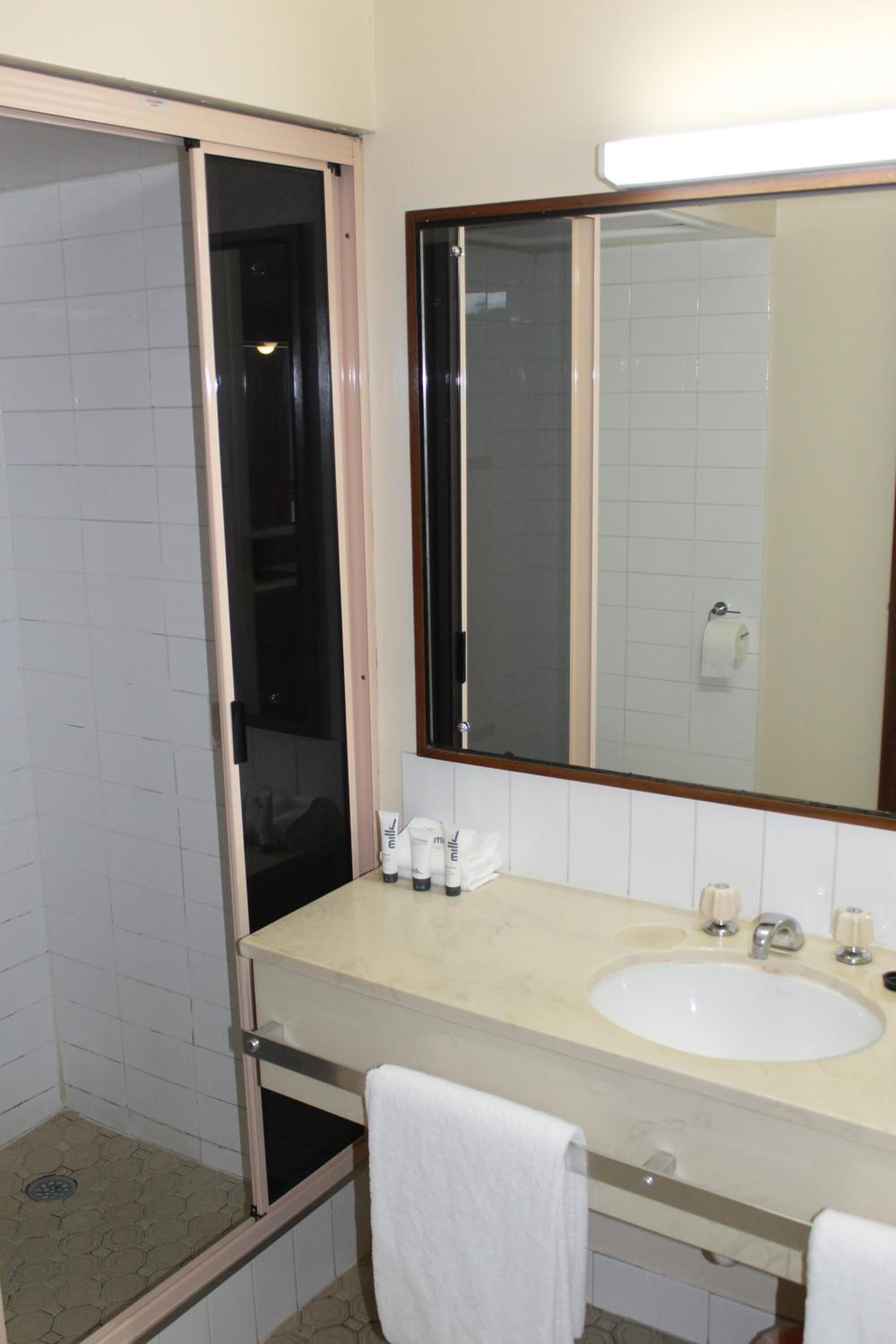 A bathroom with a sink, mirror, and shower.