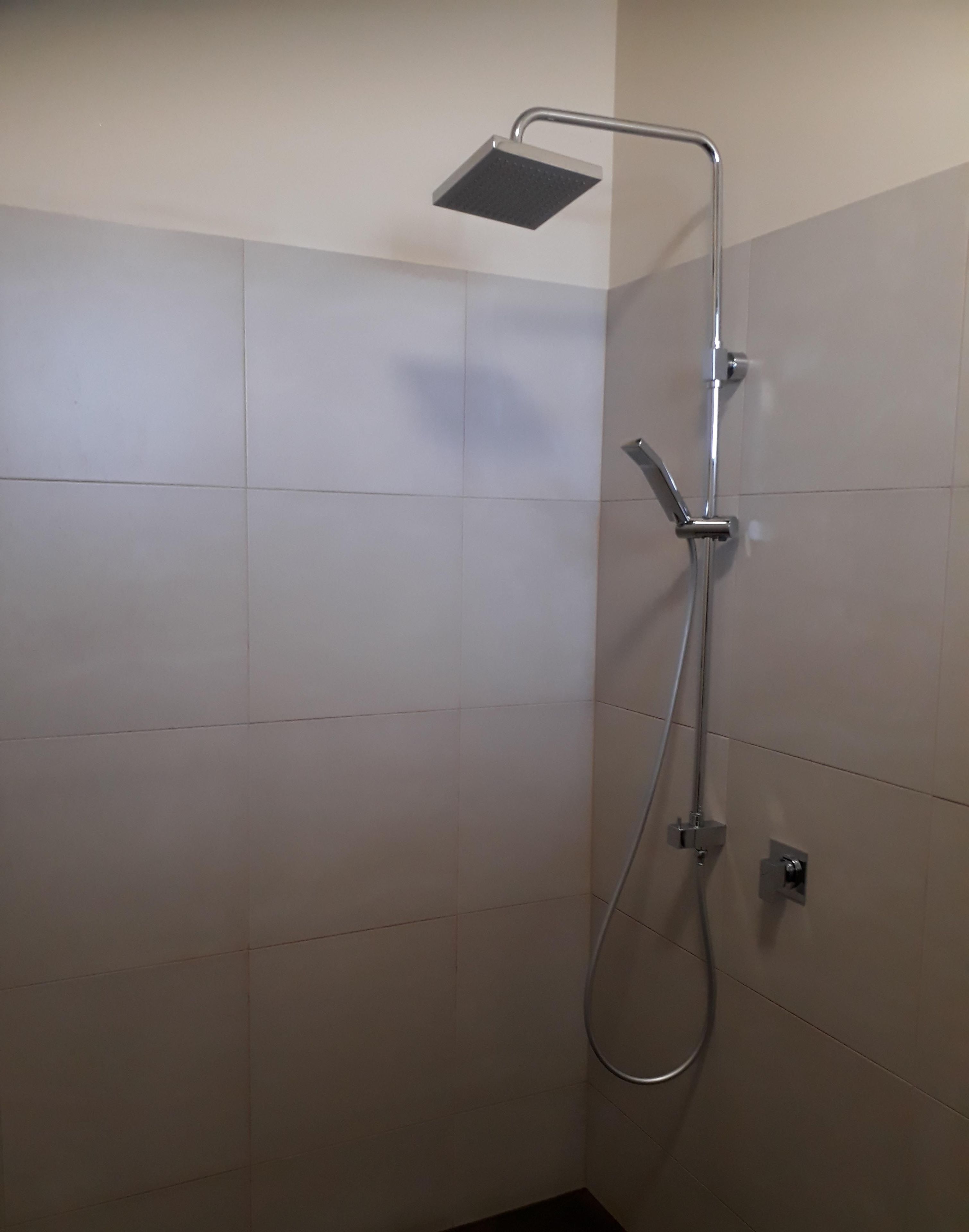 Ducha con cabezal de ducha de mano y otro fijo en la pared.