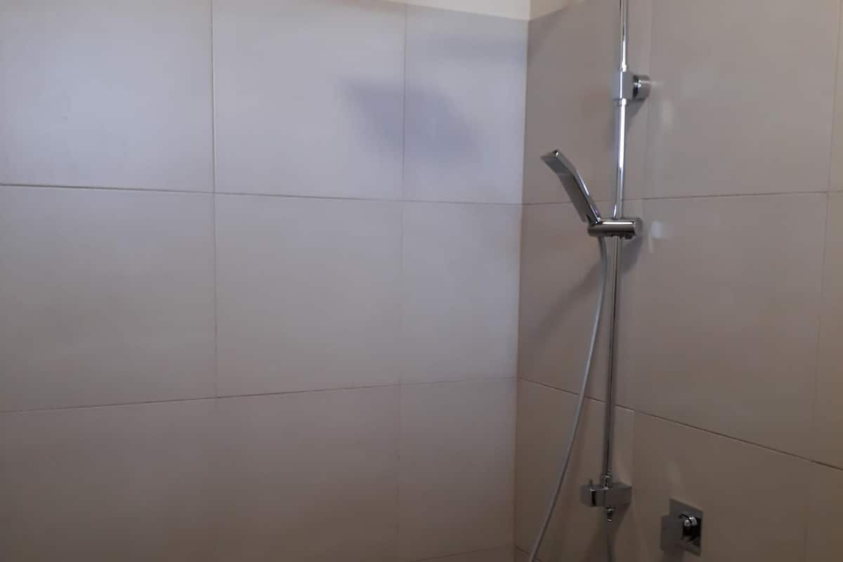 Une douche équipée d’un pommeau de douche à main et d’un pommeau de douche fixe fixé au mur.